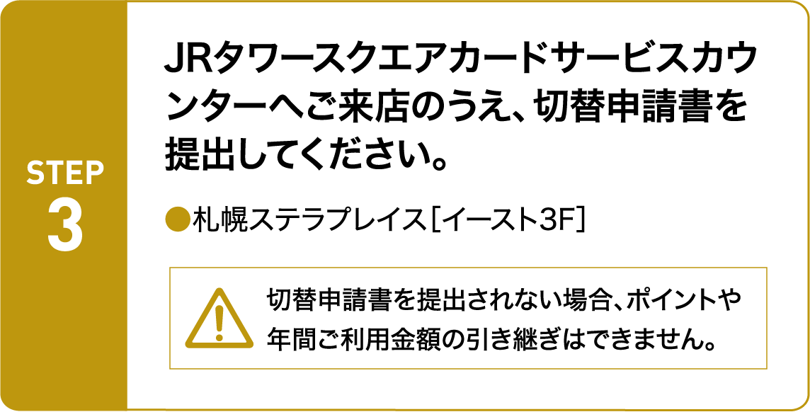 JRタワースクエアカードサービスカウンターへご来店のうえ、切替申請書を提出してください。